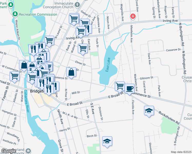 map of restaurants, bars, coffee shops, grocery stores, and more near 29 East Avenue in Bridgeton