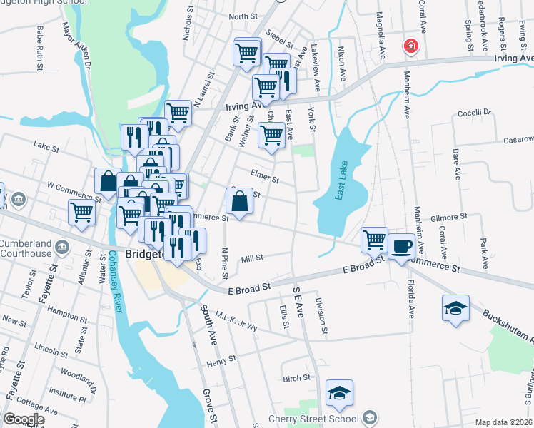 map of restaurants, bars, coffee shops, grocery stores, and more near 84 Cedar Street in Bridgeton