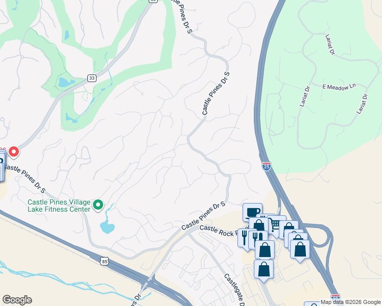 map of restaurants, bars, coffee shops, grocery stores, and more near 670 Castle Pines Drive South in Castle Pines