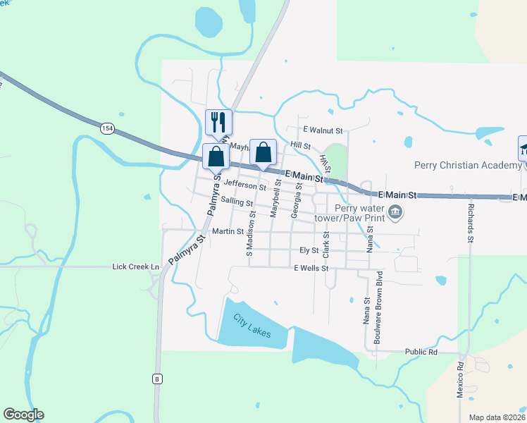 map of restaurants, bars, coffee shops, grocery stores, and more near 304 Salling Street in Perry