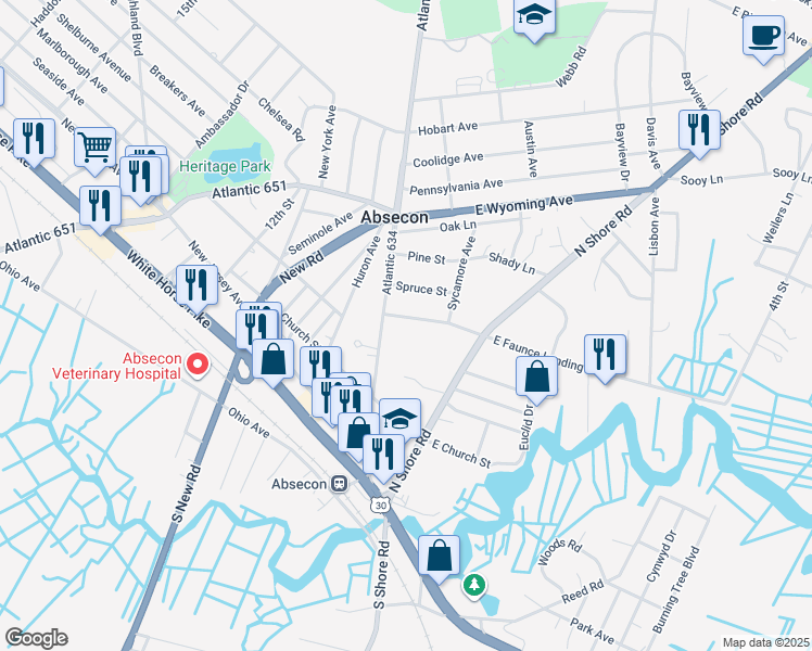 map of restaurants, bars, coffee shops, grocery stores, and more near 143 West Faunce Landing Road in Absecon