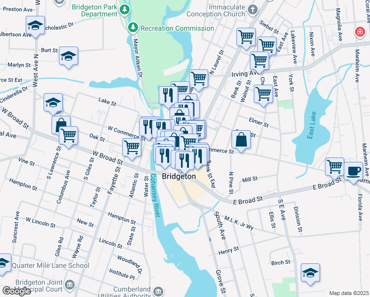 map of restaurants, bars, coffee shops, grocery stores, and more near 75 East Commerce Street in Bridgeton