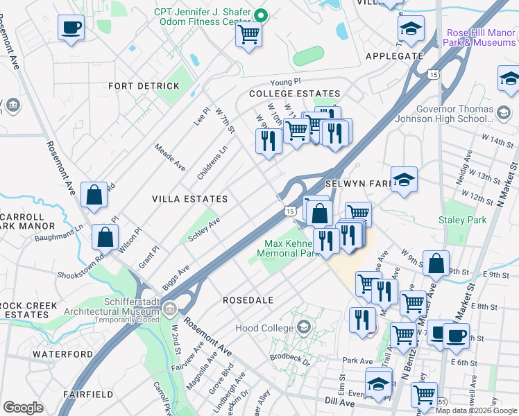 map of restaurants, bars, coffee shops, grocery stores, and more near 627 Biggs Avenue in Frederick