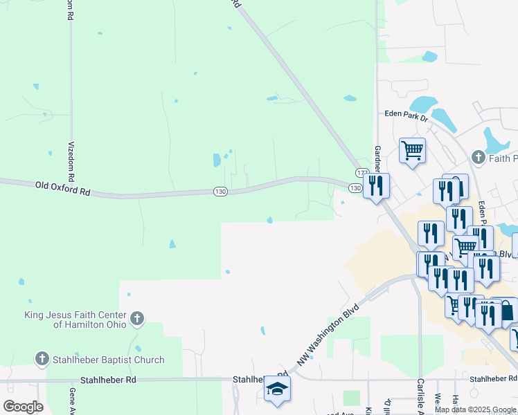 map of restaurants, bars, coffee shops, grocery stores, and more near 1381 Old Oxford Road in Hamilton
