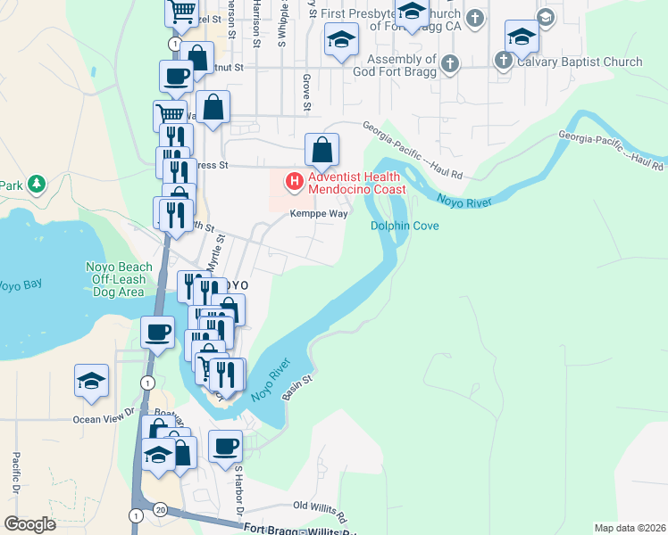 map of restaurants, bars, coffee shops, grocery stores, and more near 499 South Street in Fort Bragg