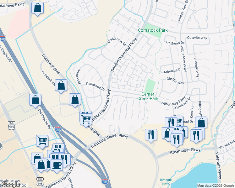 map of restaurants, bars, coffee shops, grocery stores, and more near 1641 Emerald Bay Drive in Reno