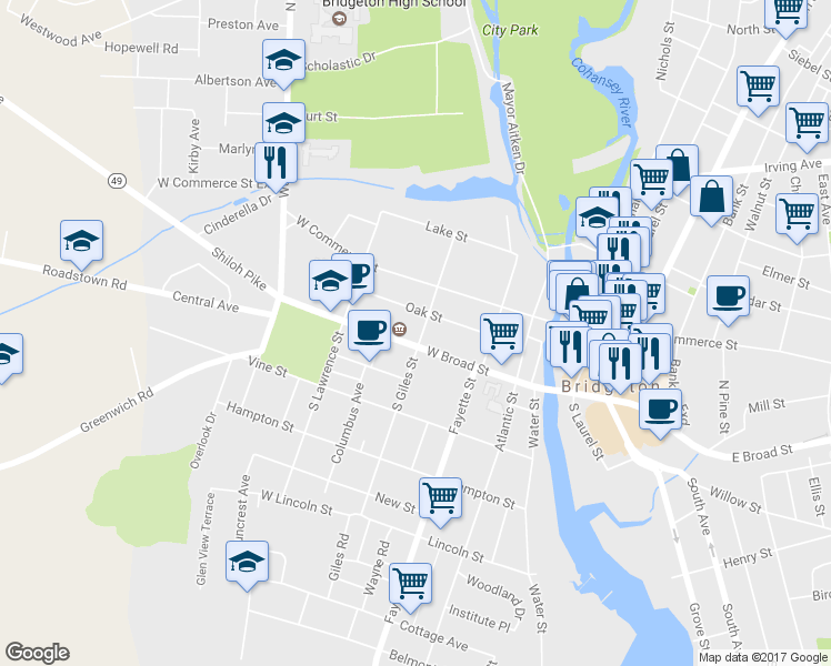 map of restaurants, bars, coffee shops, grocery stores, and more near 135 West Broad Street in Bridgeton