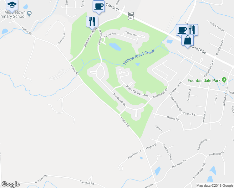 map of restaurants, bars, coffee shops, grocery stores, and more near 504 Glennbrook Drive in Middletown