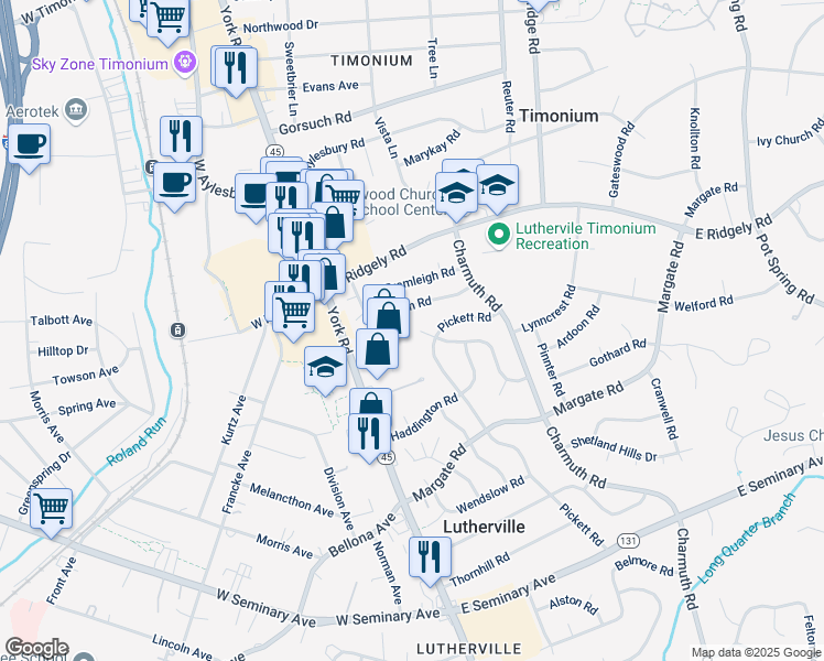 map of restaurants, bars, coffee shops, grocery stores, and more near 1 Pickett Garth in Lutherville-Timonium