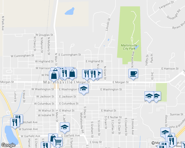 map of restaurants, bars, coffee shops, grocery stores, and more near 510 East Pike Street in Martinsville