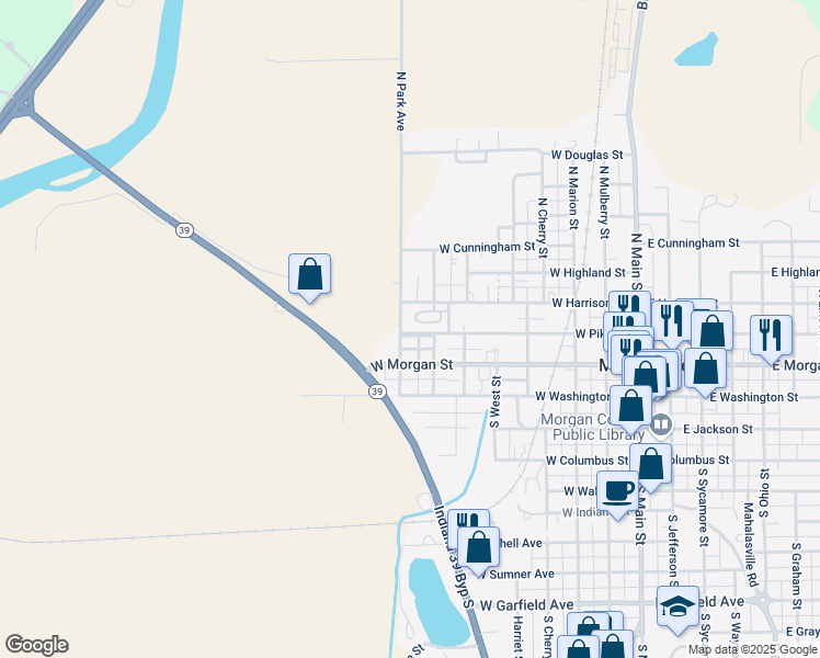 map of restaurants, bars, coffee shops, grocery stores, and more near 680 West Pike Street in Martinsville