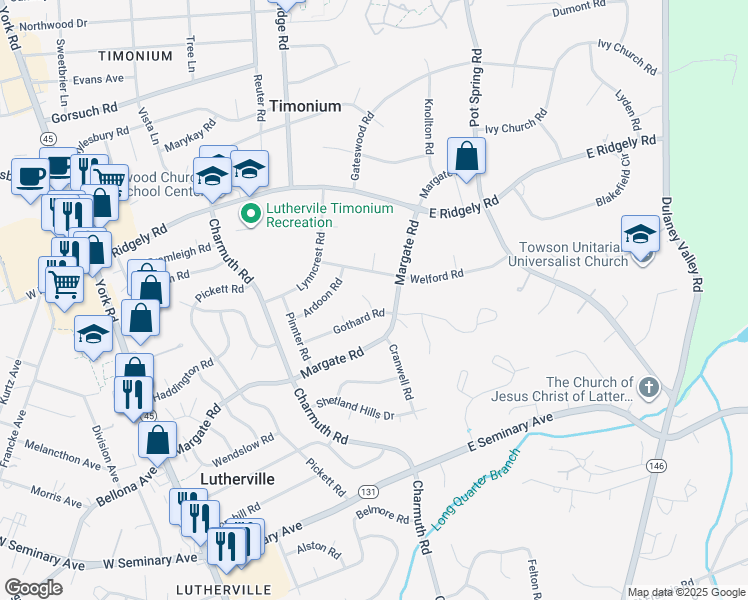 map of restaurants, bars, coffee shops, grocery stores, and more near 1603 Waltham Court in Lutherville-Timonium