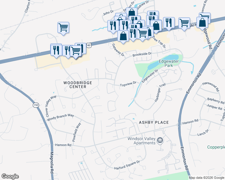 map of restaurants, bars, coffee shops, grocery stores, and more near 1734 Fountain Rock Way in Edgewood