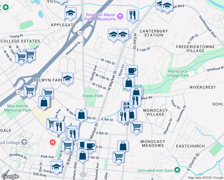 map of restaurants, bars, coffee shops, grocery stores, and more near 1202 North Market Street in Frederick