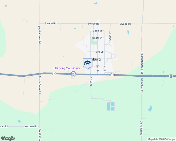 map of restaurants, bars, coffee shops, grocery stores, and more near 109 North 1st Street in Olsburg
