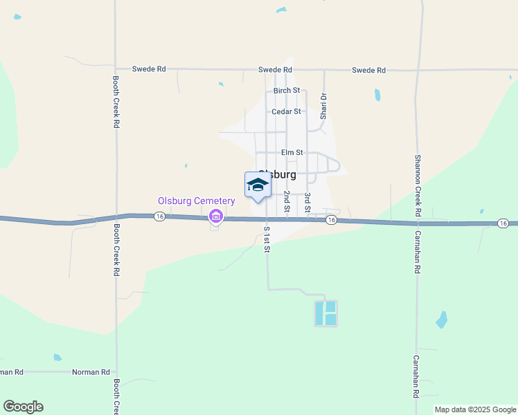 map of restaurants, bars, coffee shops, grocery stores, and more near 109 North 1st Street in Olsburg