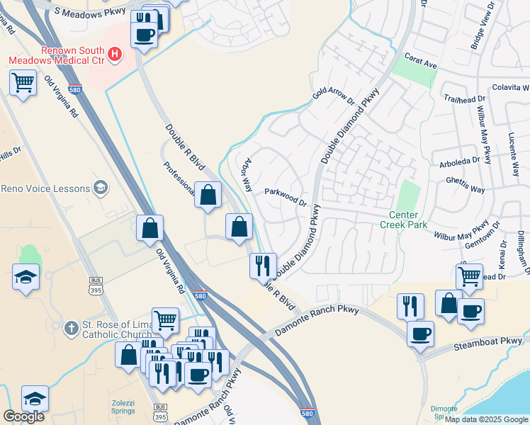 map of restaurants, bars, coffee shops, grocery stores, and more near 10650 Arbor Way in Reno