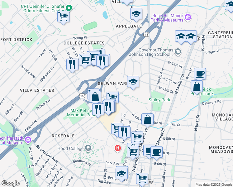 map of restaurants, bars, coffee shops, grocery stores, and more near 1000 Columbine Drive in Frederick