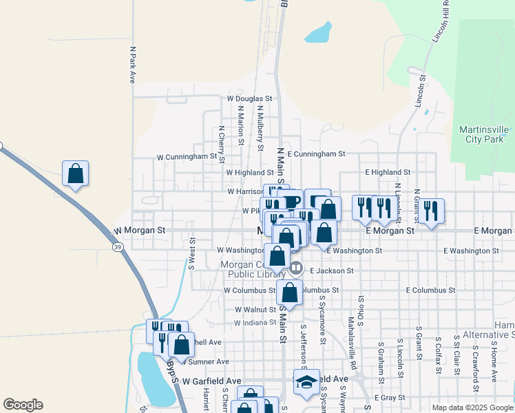 map of restaurants, bars, coffee shops, grocery stores, and more near 110 West Pike Street in Martinsville