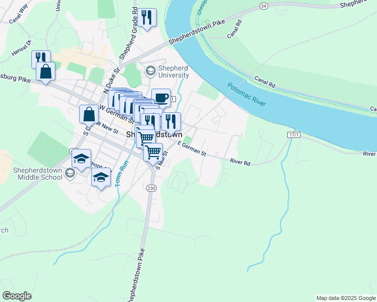 map of restaurants, bars, coffee shops, grocery stores, and more near 114 College Street in Shepherdstown