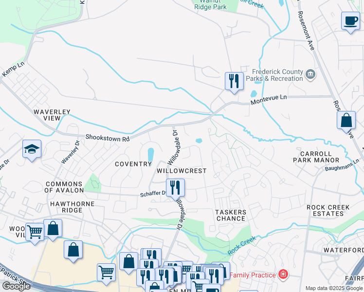map of restaurants, bars, coffee shops, grocery stores, and more near 244 Thames Drive in Frederick