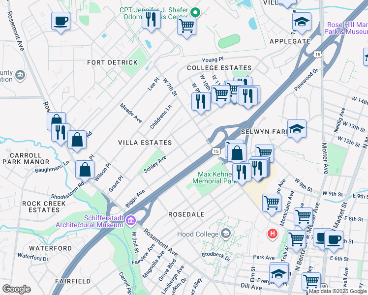 map of restaurants, bars, coffee shops, grocery stores, and more near 624 Schley Avenue in Frederick