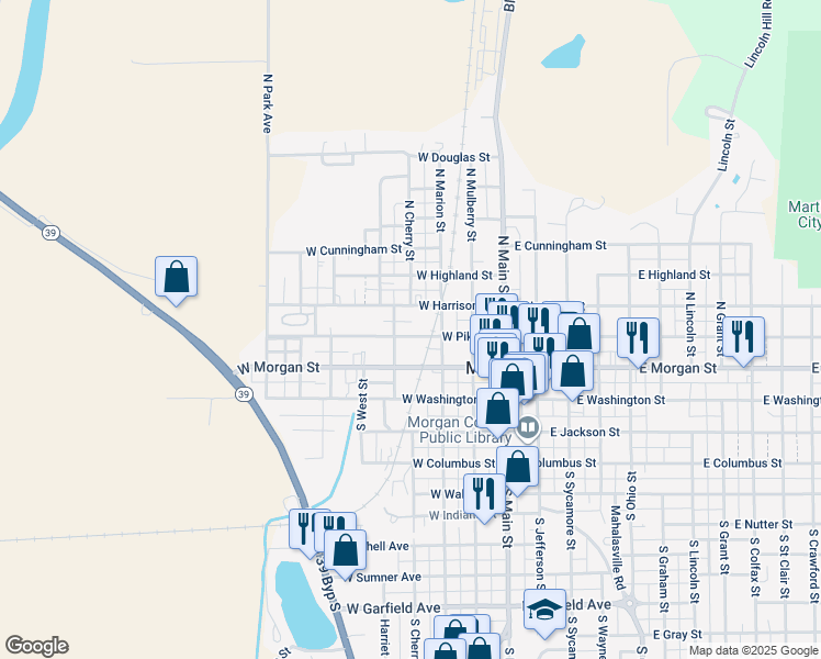 map of restaurants, bars, coffee shops, grocery stores, and more near 366 West Pike Street in Martinsville