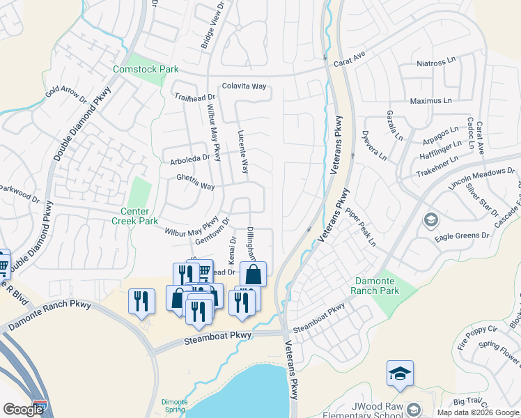 map of restaurants, bars, coffee shops, grocery stores, and more near 10395 Rosemount Dr in Reno
