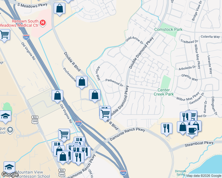 map of restaurants, bars, coffee shops, grocery stores, and more near 10570 Vista Alta Drive in Reno