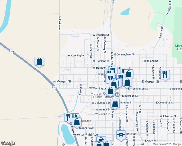 map of restaurants, bars, coffee shops, grocery stores, and more near 366 West Pike Street in Martinsville