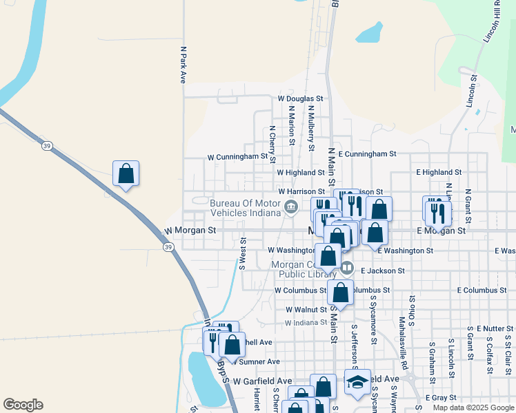 map of restaurants, bars, coffee shops, grocery stores, and more near 366 West Pike Street in Martinsville