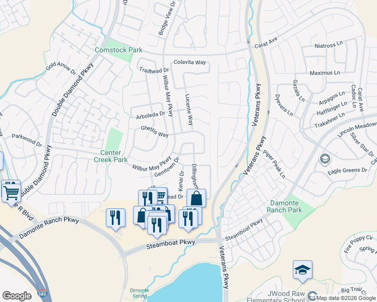 map of restaurants, bars, coffee shops, grocery stores, and more near 1711 Camaraderie Way in Reno