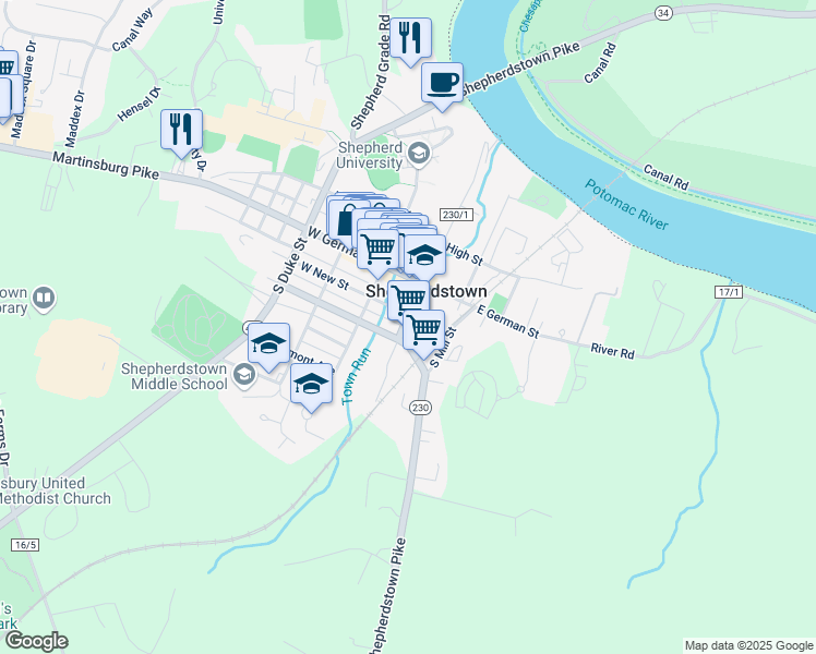 map of restaurants, bars, coffee shops, grocery stores, and more near 205 South Princess Street in Shepherdstown