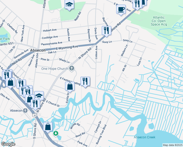 map of restaurants, bars, coffee shops, grocery stores, and more near 7 Ruth Court in Absecon