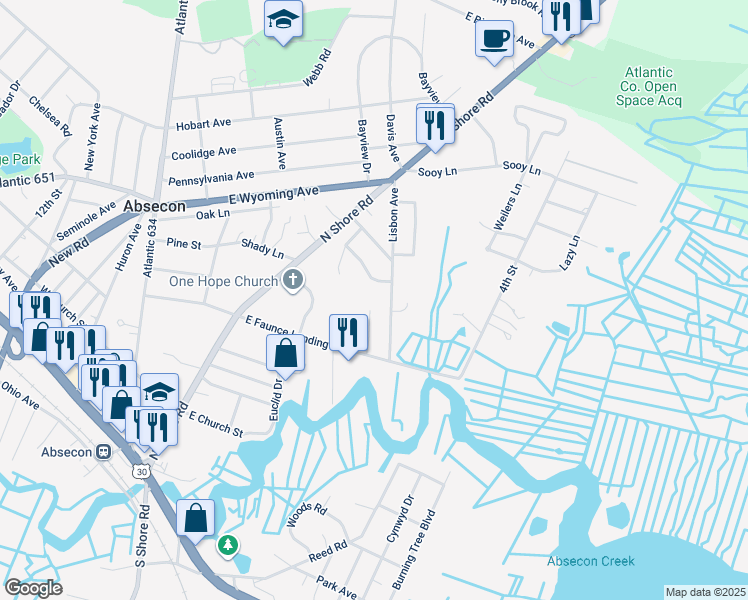 map of restaurants, bars, coffee shops, grocery stores, and more near 7 Ruth Court in Absecon