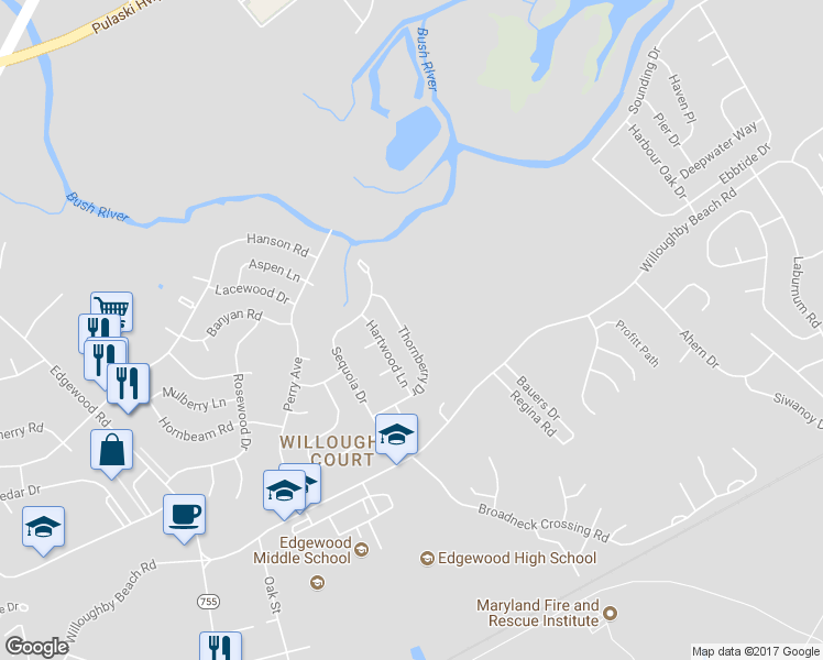 map of restaurants, bars, coffee shops, grocery stores, and more near 2609 Thornberry Drive in Edgewood