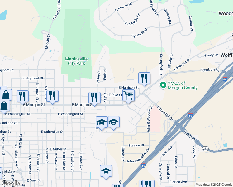 map of restaurants, bars, coffee shops, grocery stores, and more near 1510 E Pike St in Martinsville
