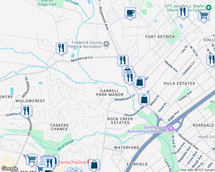 map of restaurants, bars, coffee shops, grocery stores, and more near 1658 Colonial Way in Frederick
