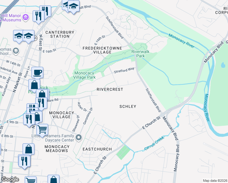 map of restaurants, bars, coffee shops, grocery stores, and more near 410 Mohican Drive in Frederick