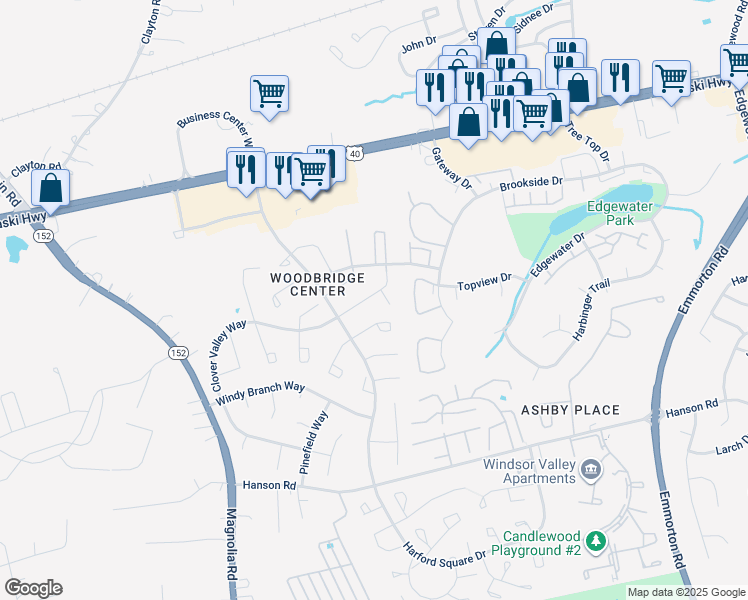 map of restaurants, bars, coffee shops, grocery stores, and more near 1305 Clover Valley Way in Edgewood