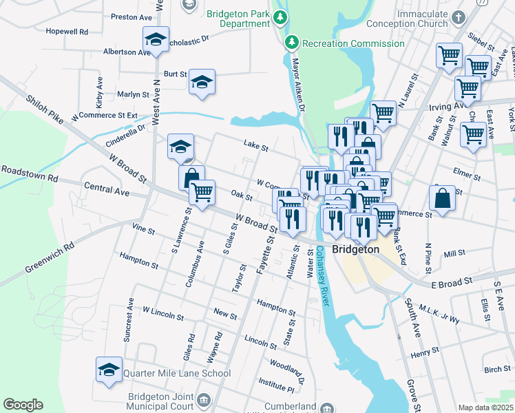 map of restaurants, bars, coffee shops, grocery stores, and more near 48 Oak Street in Bridgeton