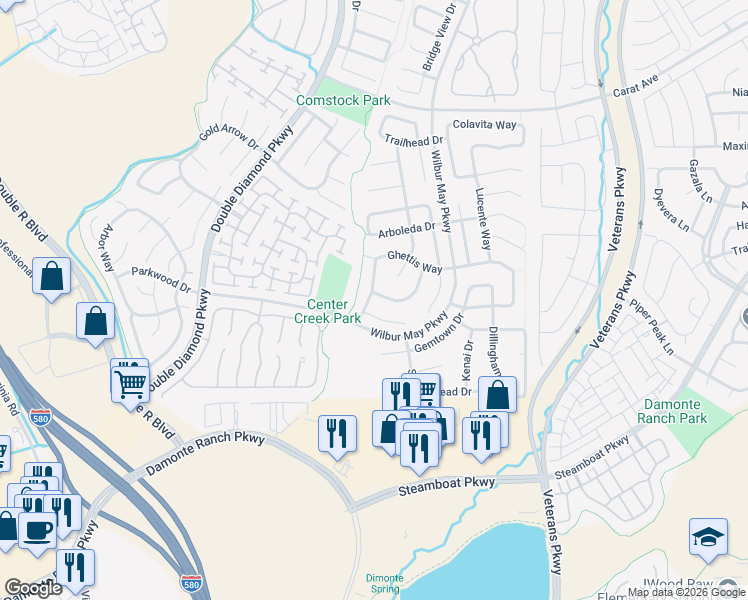 map of restaurants, bars, coffee shops, grocery stores, and more near 1600 Sewell Drive in Reno