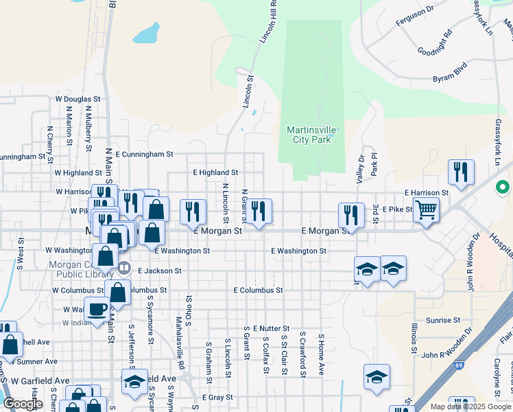 map of restaurants, bars, coffee shops, grocery stores, and more near 760 East Pike Street in Martinsville