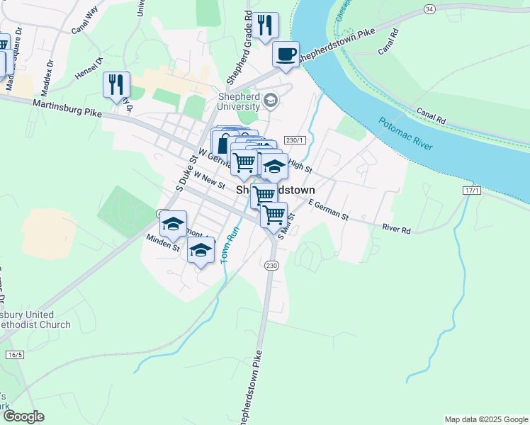 map of restaurants, bars, coffee shops, grocery stores, and more near 205 South Princess Street in Shepherdstown