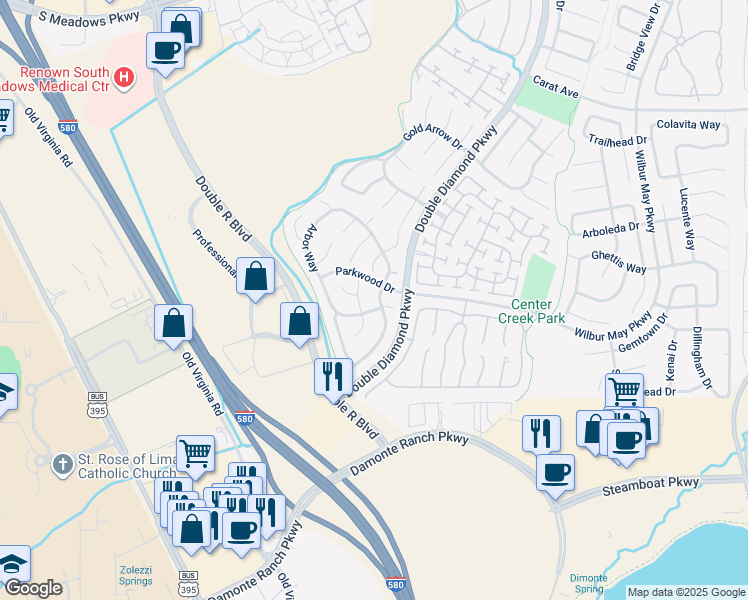 map of restaurants, bars, coffee shops, grocery stores, and more near 10613 Vista Bonita Lane in Reno