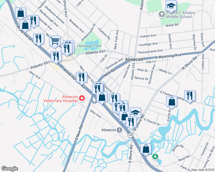 map of restaurants, bars, coffee shops, grocery stores, and more near 300 West Church Street in Absecon