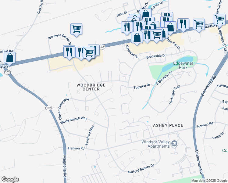 map of restaurants, bars, coffee shops, grocery stores, and more near 1307 Clover Valley Way in Edgewood