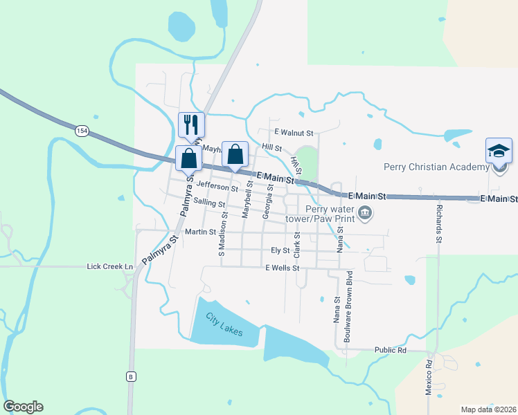 map of restaurants, bars, coffee shops, grocery stores, and more near 407 Salling Street in Perry