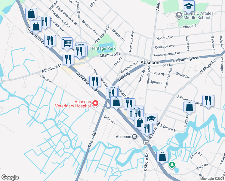 map of restaurants, bars, coffee shops, grocery stores, and more near 332 New Jersey Avenue in Absecon