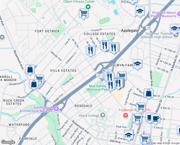 map of restaurants, bars, coffee shops, grocery stores, and more near 631 Biggs Avenue in Frederick